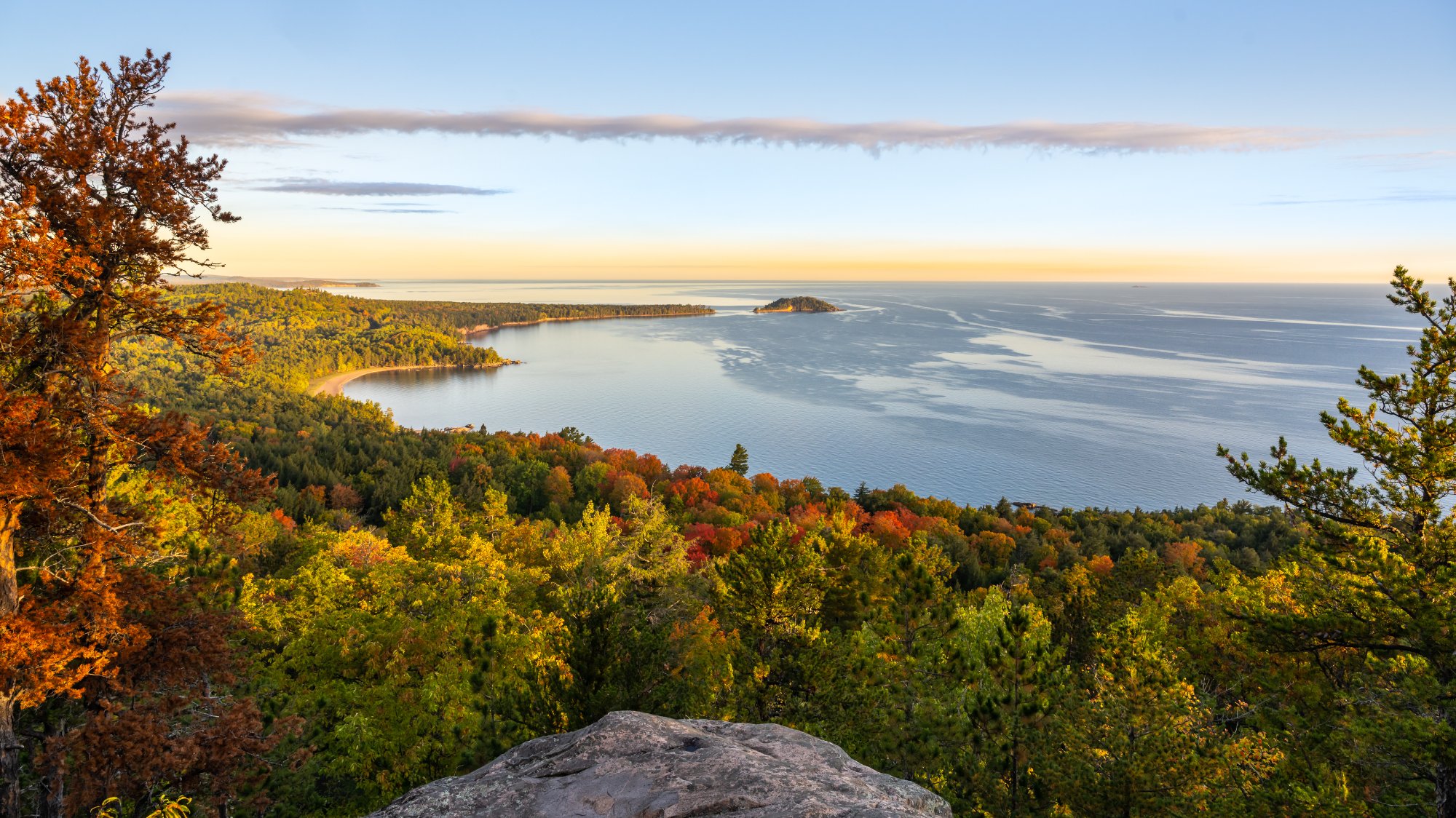 Sugarloaf Mountain overlook with fall colors and Lake Superior, Marquette Michigan